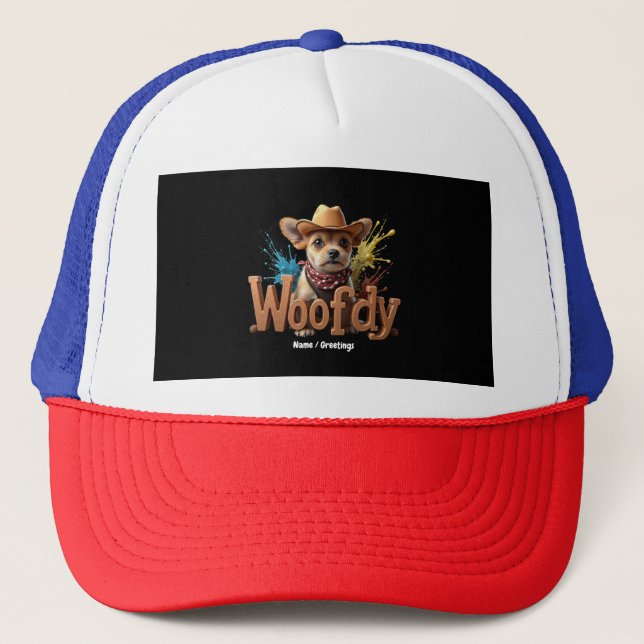 Woofdy Funny Western Cowboy Dog in Texas Trucker Hat (Front)