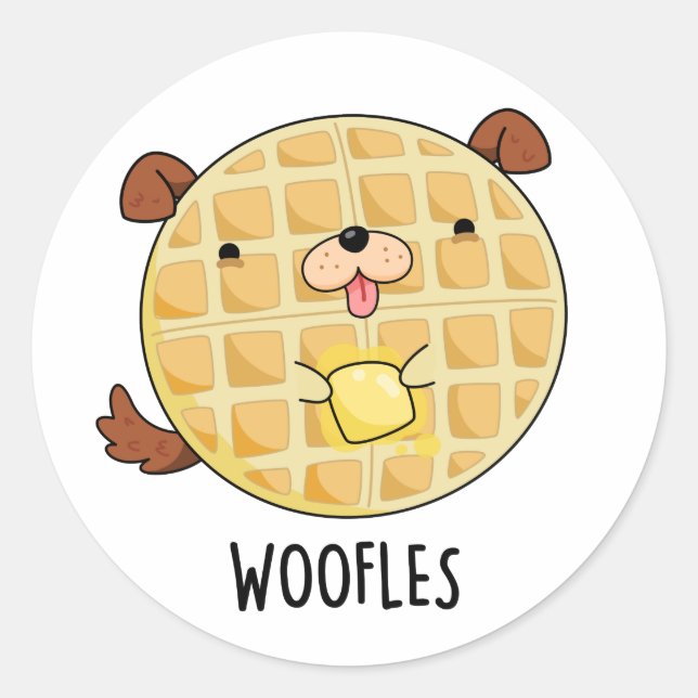 Woofles Funny Doggy Waffle Pun  Classic Round Sticker (Front)