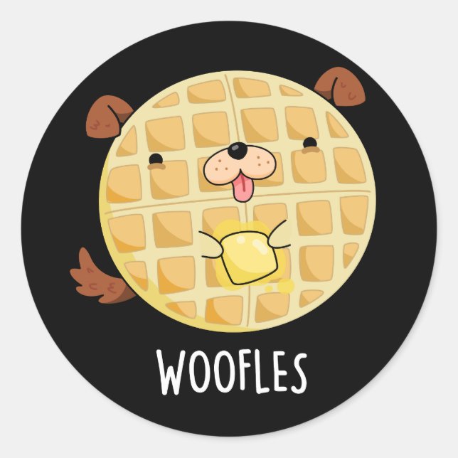 Woofles Funny Doggy Waffle Pun Dark BG Classic Round Sticker (Front)