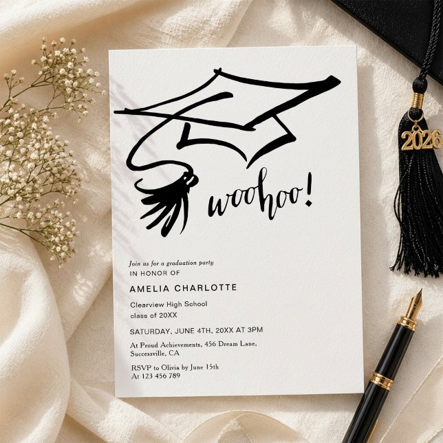 Woohoo Grad Cap Modern Chic Graduation Invitation (Creator Uploaded)