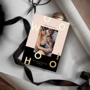 Woohoo! Happy New Year Minimal Bold Letters Photo Foil Holiday Card