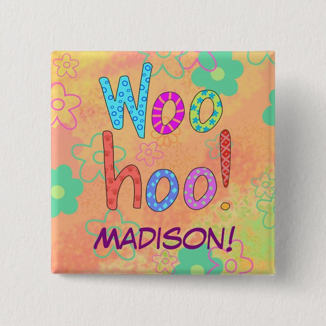 WooHoo Orange Word Text Art Name Badge (Front)