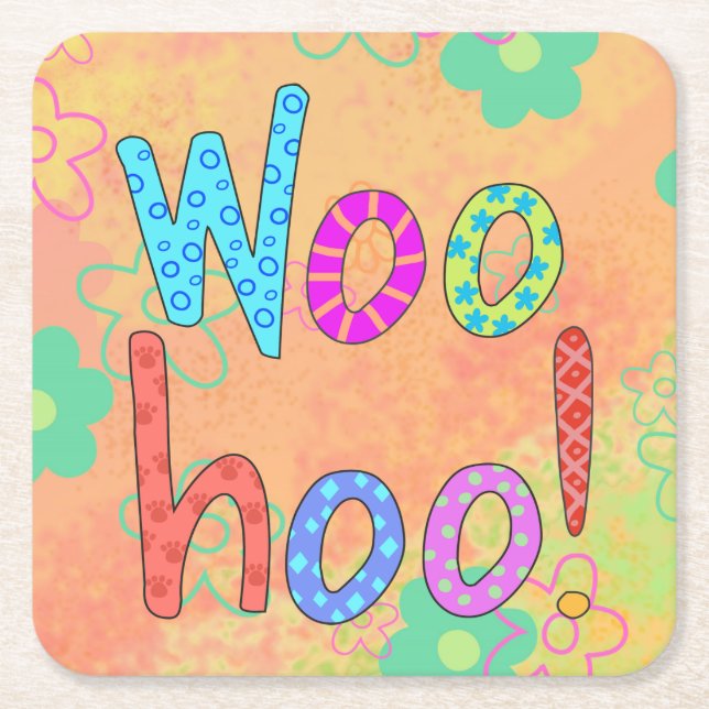 WooHoo Word Tex Art Graphic Orange Square Paper Coaster (Front)