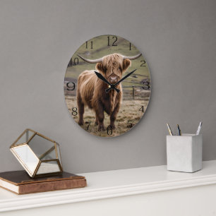 Woolly Brown Highland Cow, Large Clock
