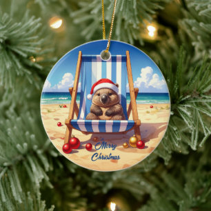 Woolly Wombat Santa hat Merry Christmas Ceramic Tree Decoration