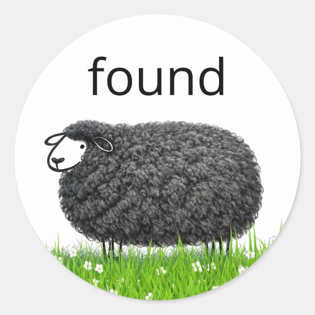 Wooly Black Sheep In Grass with "Found" Text Classic Round Sticker (Front)