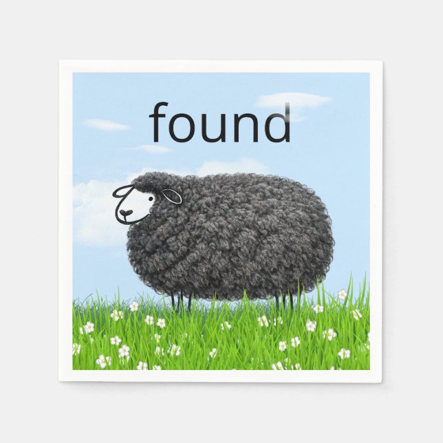 Wooly Black Sheep In Grass with "Found" Text Napkin (Front)