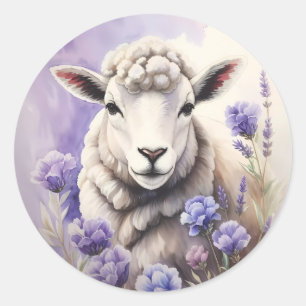 Wooly Sheep And Lavender Flowers Watercolor Classic Round Sticker
