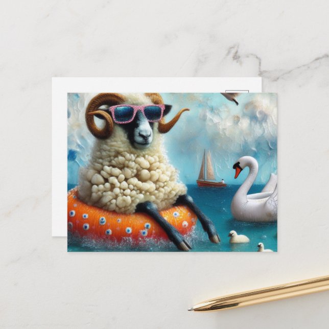 Wooly Sheep enjoys Floating in a Lake  Postcard (Front/Back In Situ)