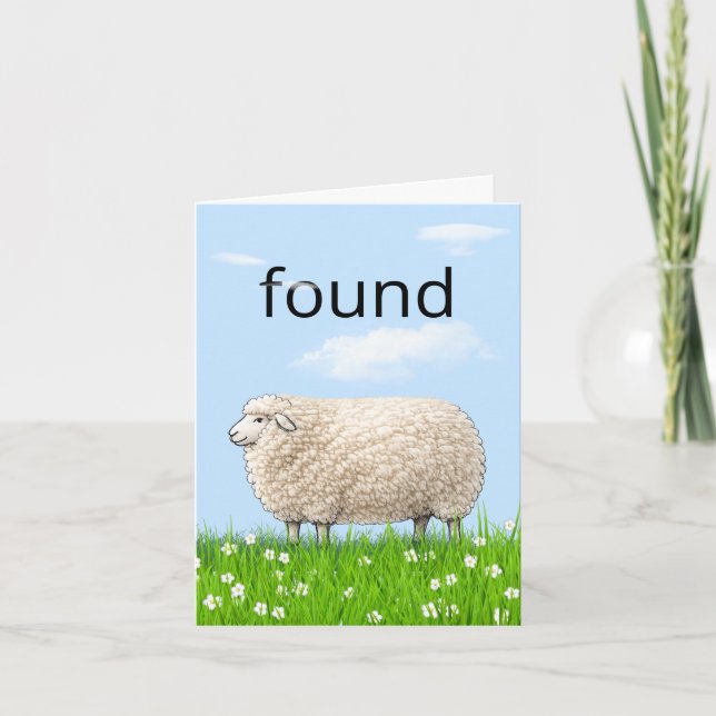 Wooly Sheep In Grass with "Found" Text Card (Front)