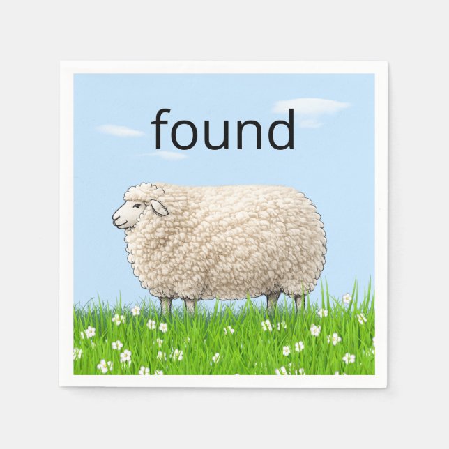 Wooly Sheep In Grass with "Found" Text Napkin (Front)