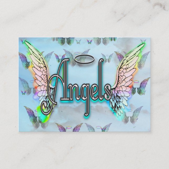 Word Art Angel with Wings & Halo - Rainbow Business Card (Front)