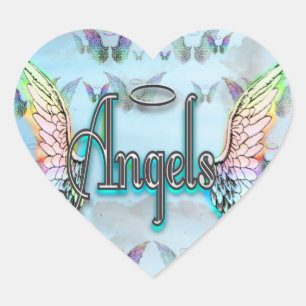 Word Art Angel with Wings & Halo - Rainbow Heart Sticker