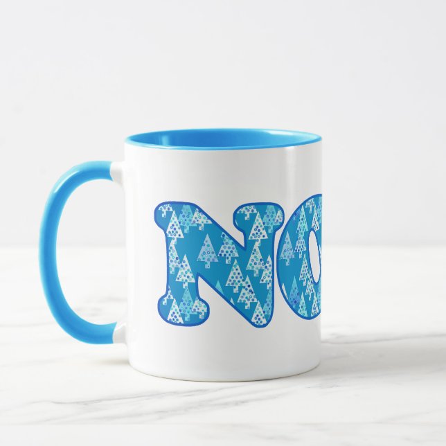 Word Art - Noel Patterned with Trees in Light Blue Mug (Left)