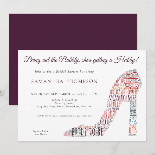 Word Art Stiletto Bubbly Purple Bridal Shower Invitation (Front/Back)