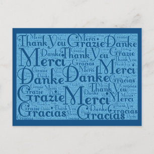 Word Art: Thank You in Multi Languages - Aqua Blue Postcard