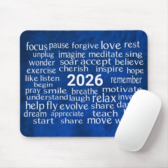 Word Cloud 2026 On Blue Leather Mouse Mat (With Mouse)