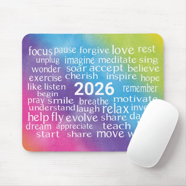 Word Cloud 2026 On Rainbow Abstract Mouse Mat (With Mouse)