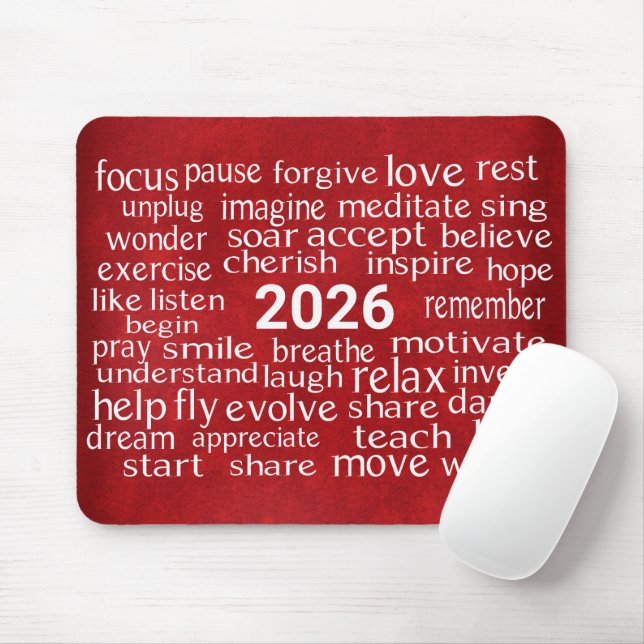 Word Cloud 2026 On Red Leather Mouse Mat (With Mouse)