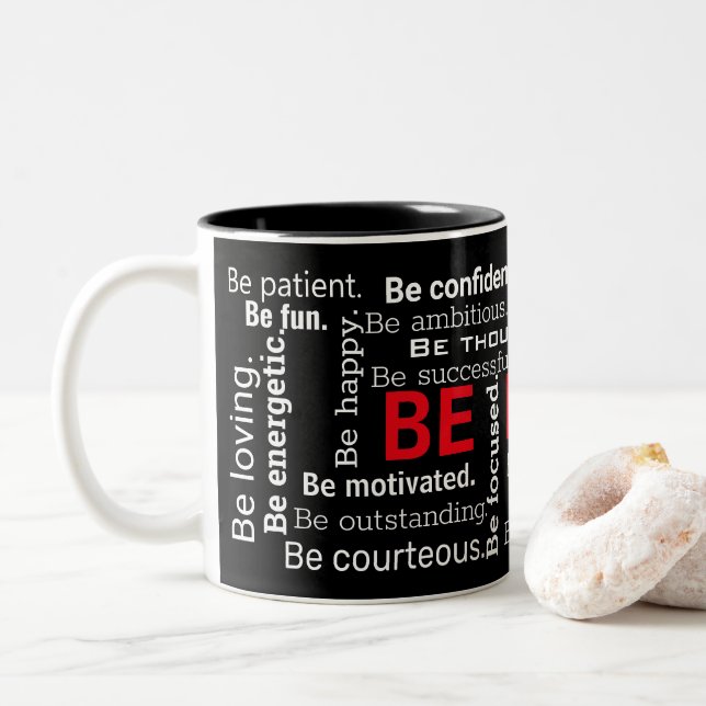 Word Cloud inspirational words on black Two-Tone Coffee Mug (With Donut)