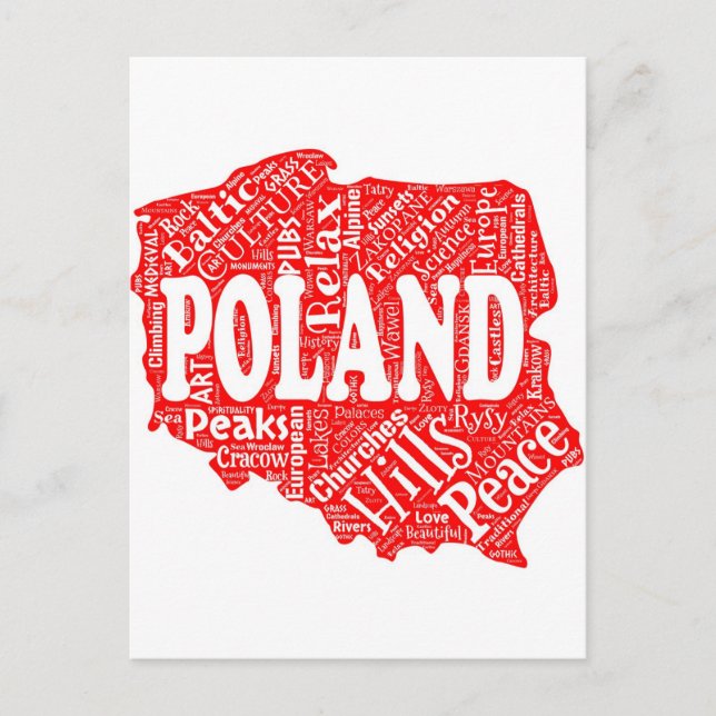 Word cloud with Polish terms in a shape of Poland Postcard (Front)