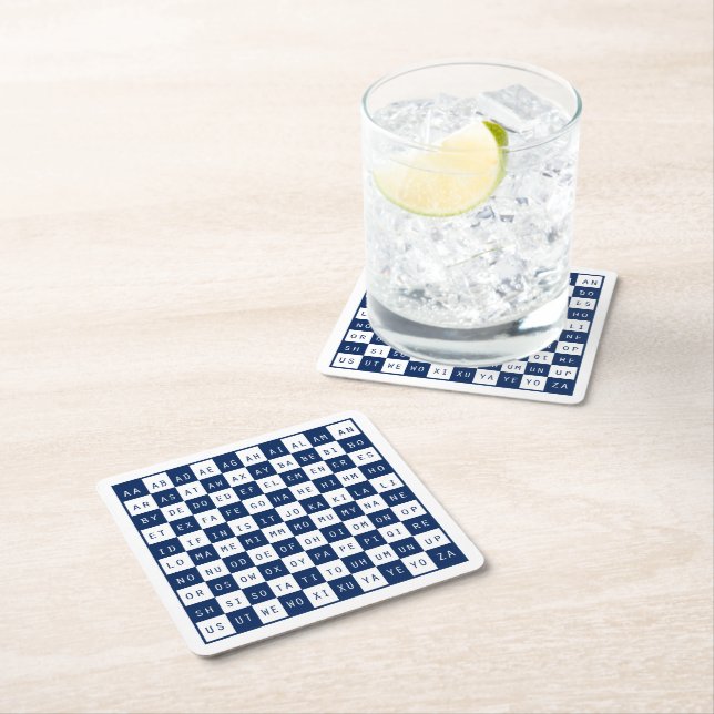 Word Game Cheat Sheet Blue White Square Paper Coaster (Insitu)
