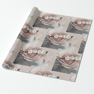 Word "Love" on Vintage Elegant blush pink Roses Wrapping Paper