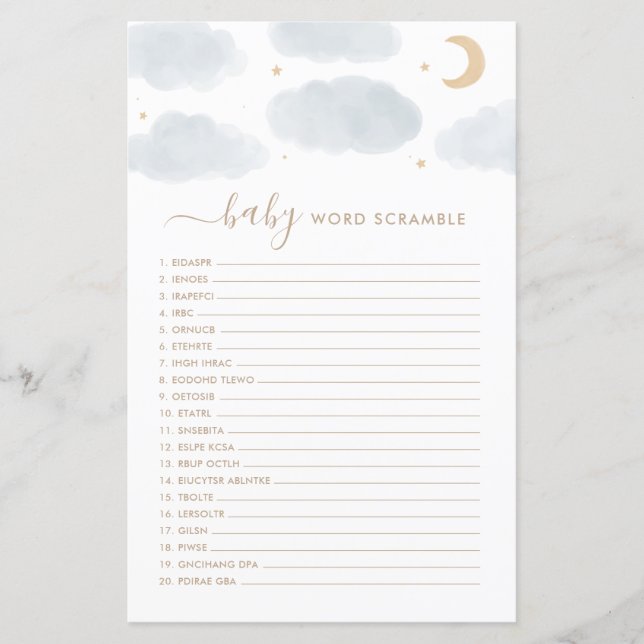 Word Scamble Baby Shower Game Over the Moon (Front)