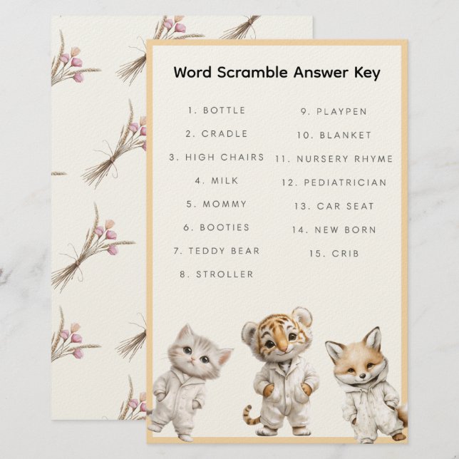 Word Scramble Answer Key Whimsical Pajama Animals Stationery (Front/Back)