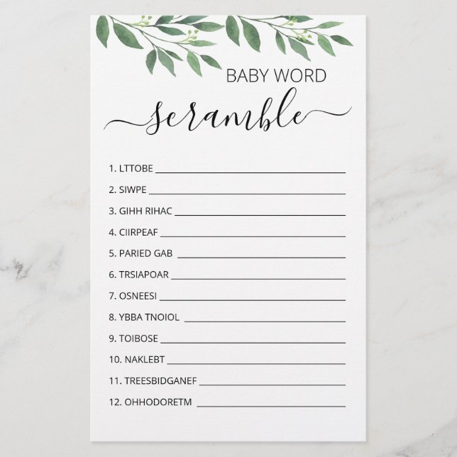 Word Scramble Baby Game Baby Shower party game (Front)