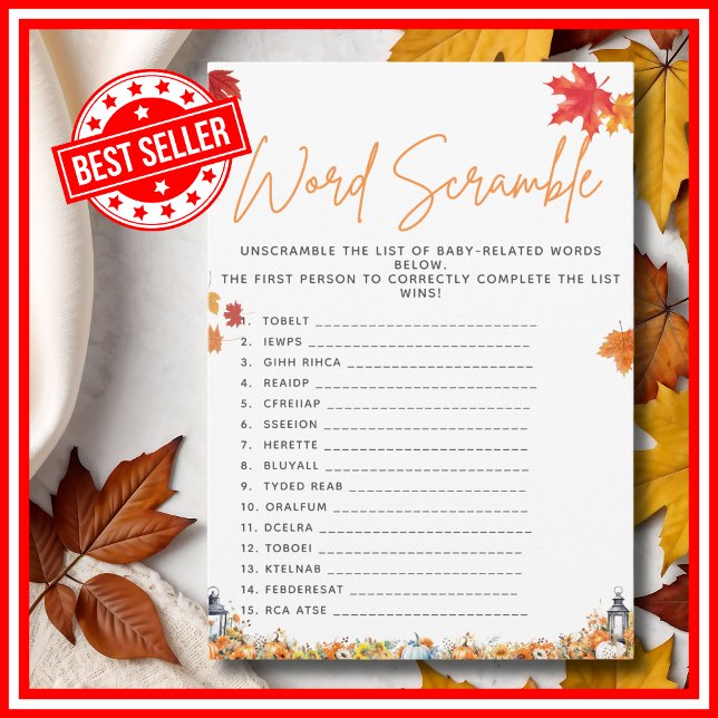 WORD SCRAMBLE Baby Shower Game A Little Pumpkin Invitation (UNSCRAMBLE Baby Shower Game with Answers A Little Pumpkin is on the Way Invitation )