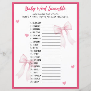 Word Scramble Baby Shower Game Pink Bow Ribbon