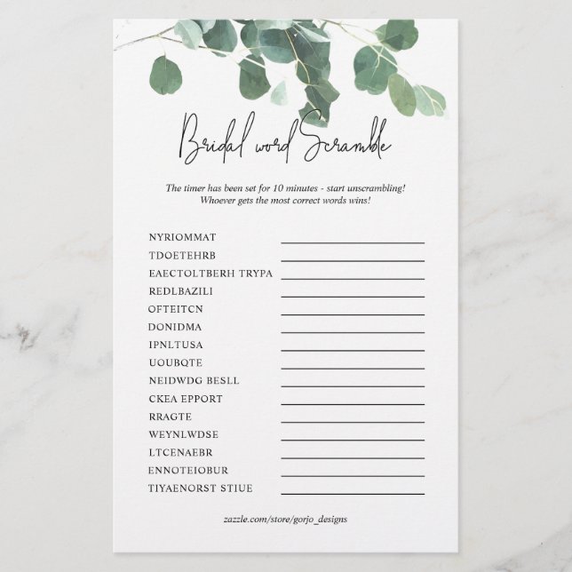 Word Scramble Bridal Shower Game Eucalyptus Leaf (Front)