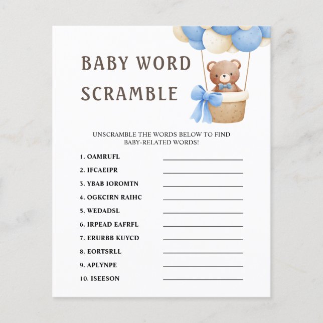 Word Scramble | Cute Bear Balloon Baby Shower Game (Front)