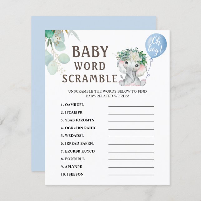 Word Scramble | Elephant Balloon Baby Shower Game (Front/Back)