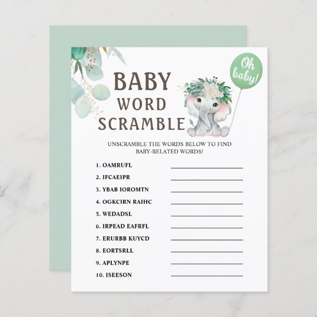 Word Scramble | Elephant Green Balloon Baby Shower (Front/Back)