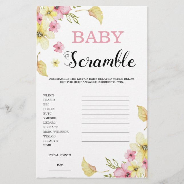 Word Scramble Floral Baby Shower Game (Front)