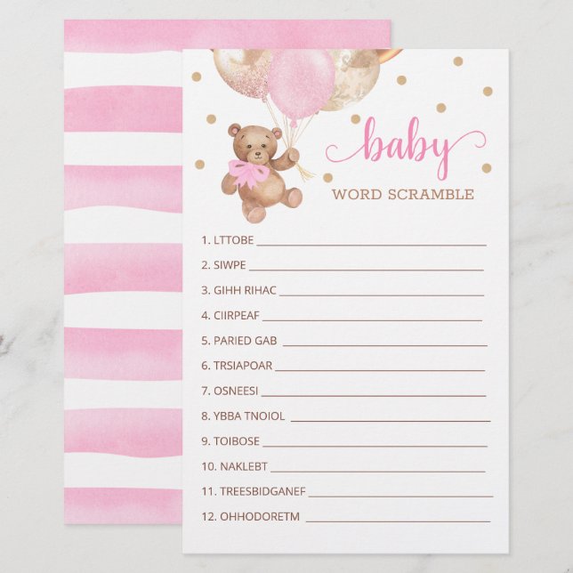 Word Scramble Game for the Baby Shower Teddy Bear (Front/Back)