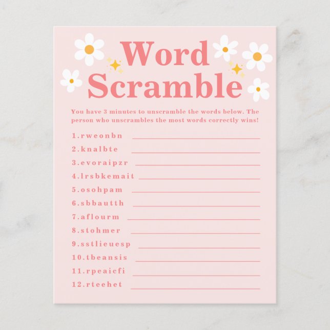 Word Scramble Game Pink Daisy Spring Baby Shower  (Front)