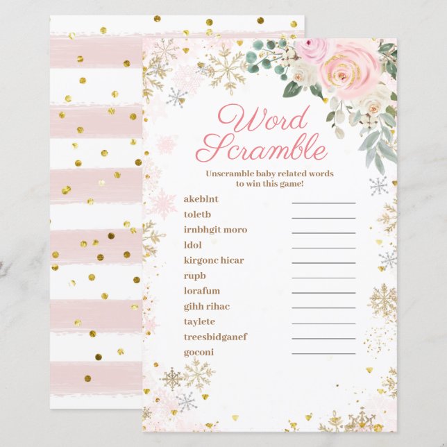 Word Scramble Game Winter Pink Floral Snowflakes (Front/Back)
