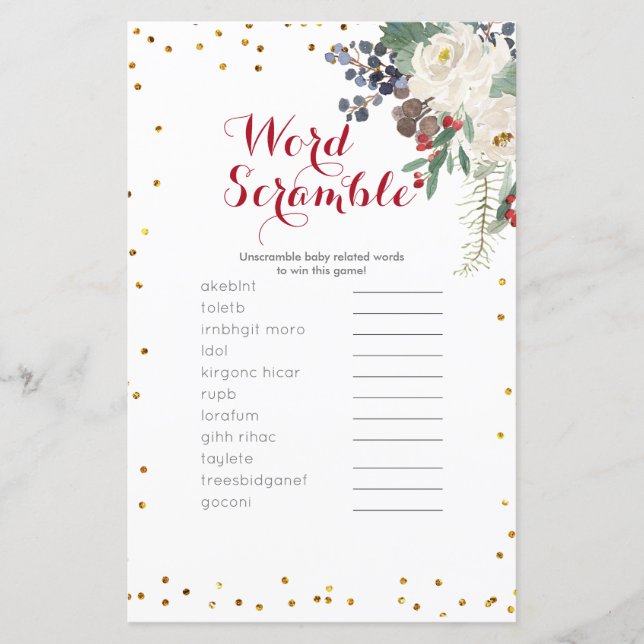 Word Scramble Game Winter White Floral Christmas (Front)