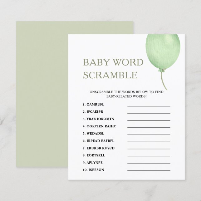 Word Scramble | Green Balloon Baby Shower Game (Front/Back)