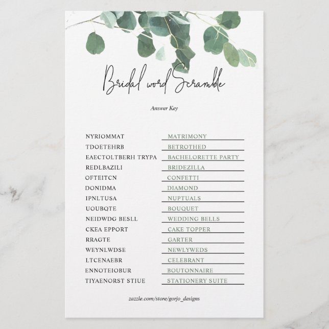 Word Scramble Key Bridal Shower Game Eucalyptus (Front)