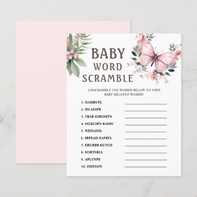 Word Scramble | Pink Butterfly Baby Shower Game (Front/Back)