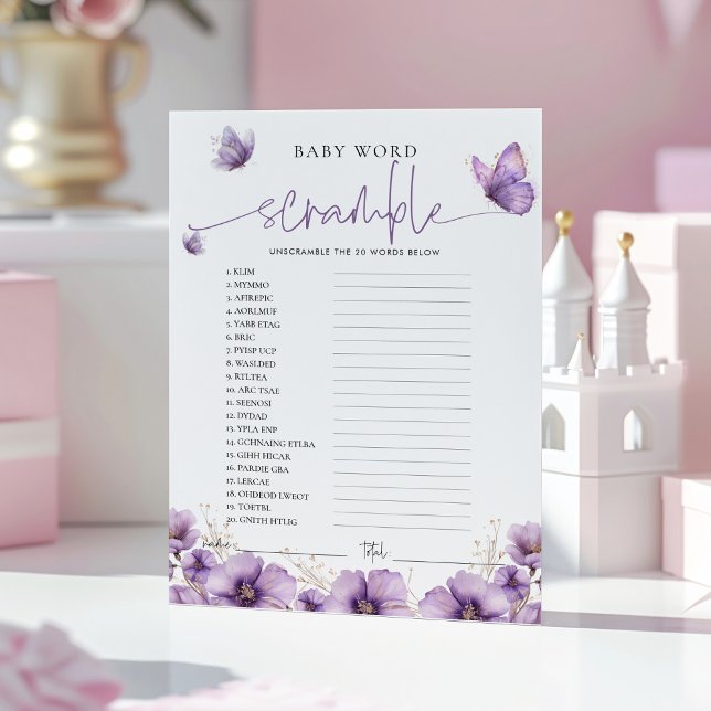 Word Scramble Purple Butterfly Baby Game Card (Creator Uploaded)