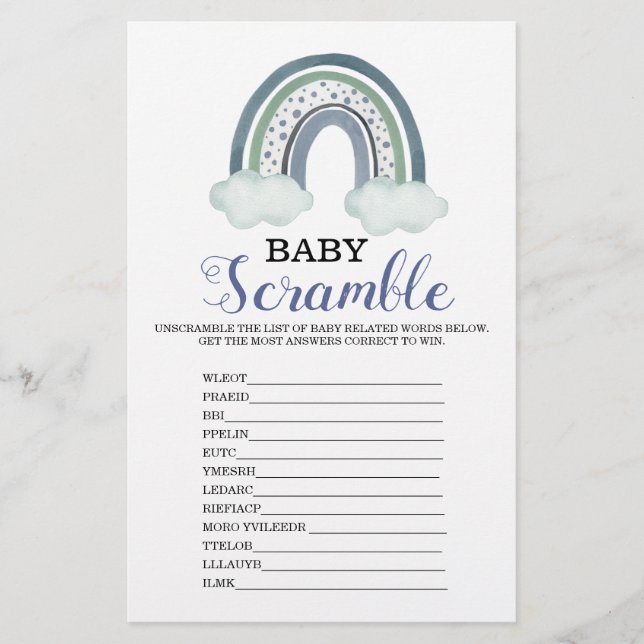 Word Scramble Rainbow Baby Shower Game (Front)