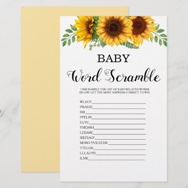 Word Scramble Sunflower Baby Shower Game (Front/Back)