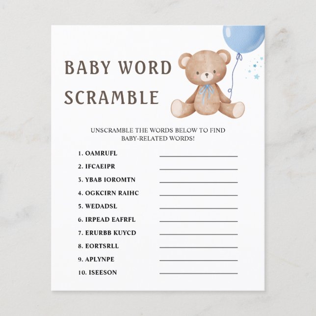 Word Scramble Teddy Bear Balloon Baby Shower Game (Front)