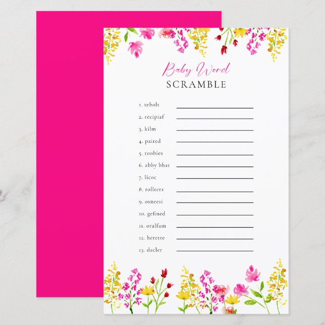 Word Scramble Wildflowers Baby Shower Game (Front/Back)