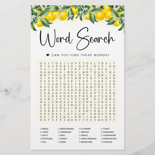 Word Search Game Lemon Bridal Shower Card (Front)